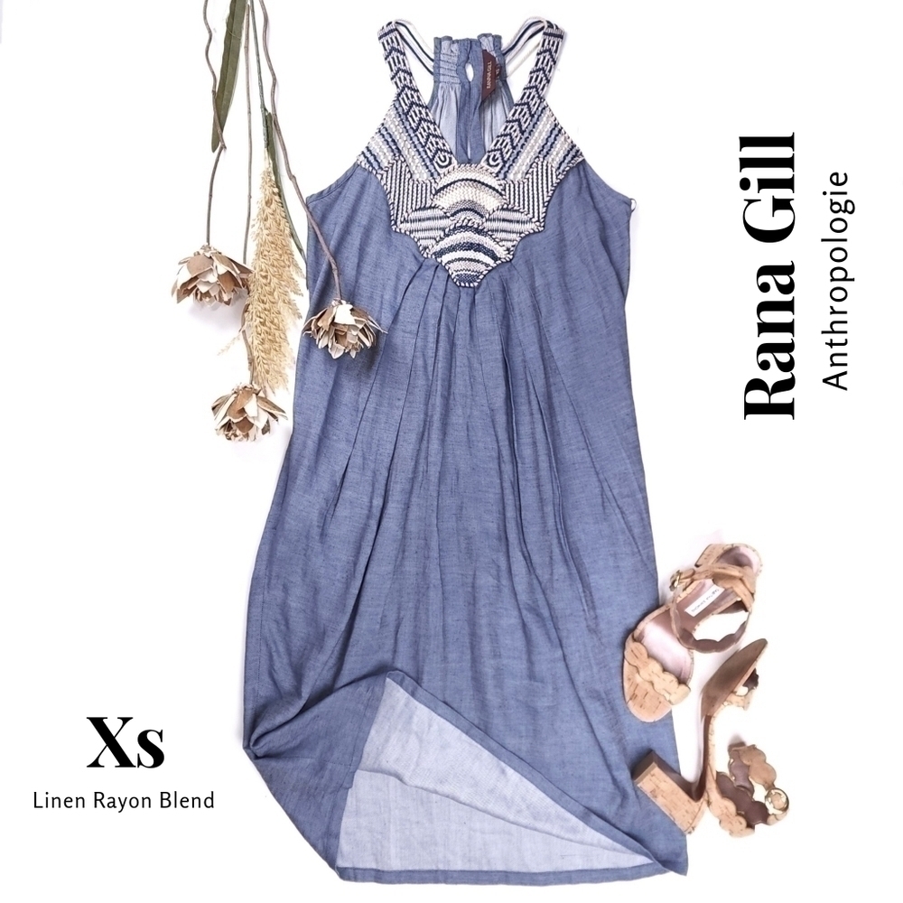 Ranna Gill Blue Embroidered Linen Blend Boho Pocketed Dress Sz Xs